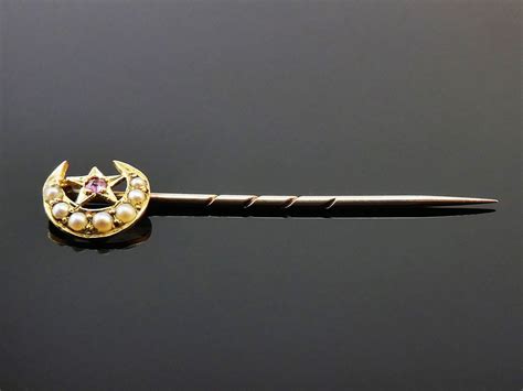 C1890 Antique 19thc Victorian 18c Gold Seed Pearl Ruby Crescent Stick Pin Brooch Ebay Stick