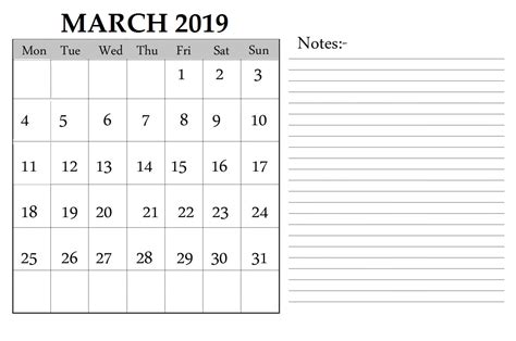 March 2019 Calendar Editable