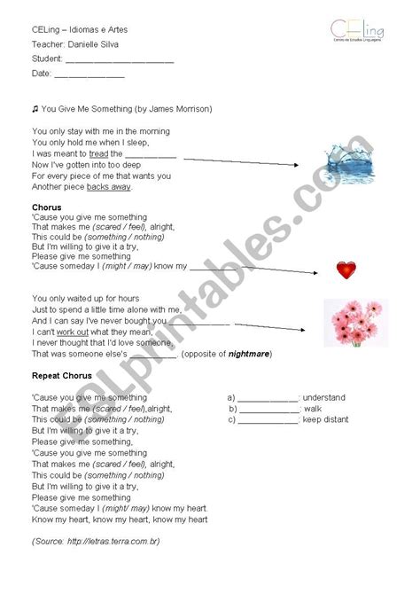 English Worksheets Song You Give Me Something By James Morrison
