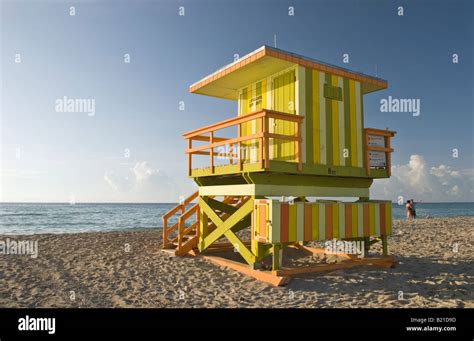 Striped Lifeguard Hut At Miami Beach Florida Stock Photo Alamy