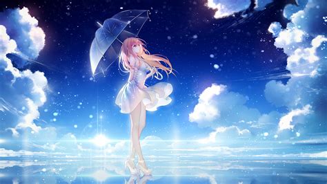 anime 2560x1440 anime anime girls long hair green eyes umbrella clouds sky anime scenery