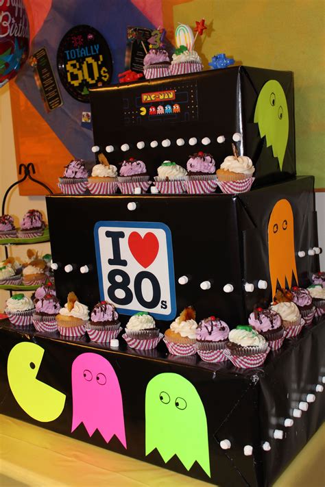 80s Themed Cupcake Tower Pac Man 80s Birthday Parties 80s Party