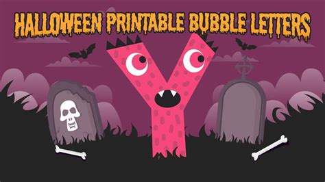 A Halloween Printable Bubble Letter Y With Two Tombstones In Front Of