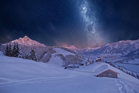 Winter Snow Night Mountain House Hd Wallpaper