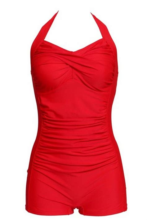 Gk029 Solid Ruched Push Up Bandeau Halter Boyleg One Piece Swimsuit