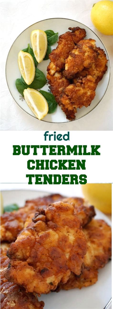 After the buttermilk soak, dredge the chicken pieces in seasoned flour, and fry them in hot oil until crisp and golden. Fried Buttermilk Chicken Tenders, so juicy on the inside ...