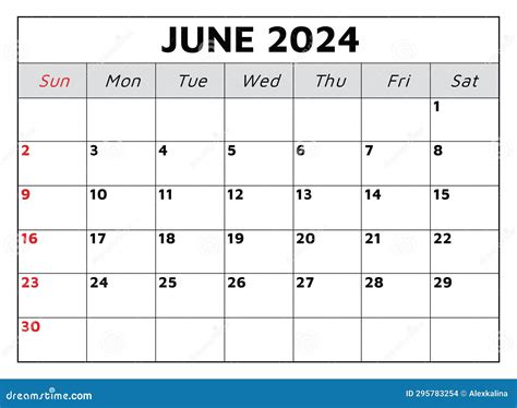 June 2024 Calendar Vector Illustration Stock Illustration