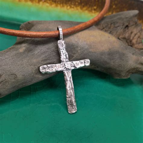 Mens Sterling Silver Cross Mens Cross Necklace Mens Tree Bark Cross