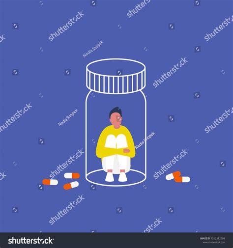 Depression Antidepressants Young Character Trapped Pill Stock Vector