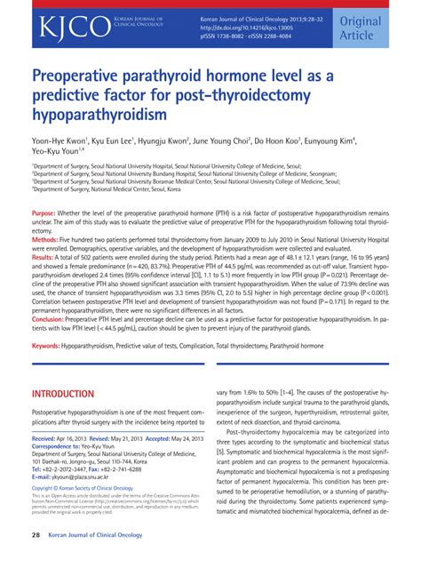 Pdf Preoperative Parathyroid Hormone Level As A Predictive Factor For