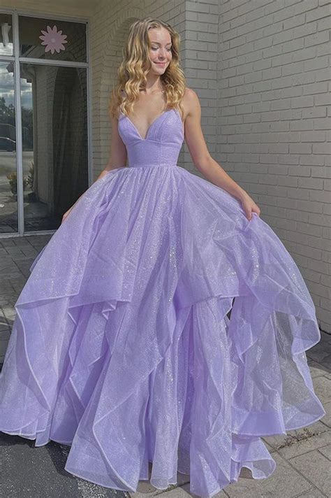 shiny v neck fluffy purple long prom dress long purple formal evening dress in 2021 stunning