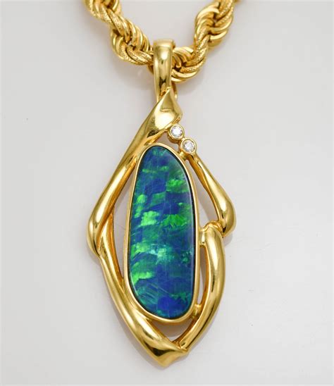 18k Yellow Gold Ladies Australian Black Opal Pendant W Diamonds And Rope