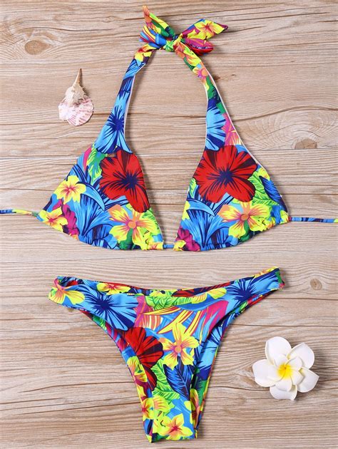 64 Off Halter Padded Neck Tropical Bikini Set Rosegal