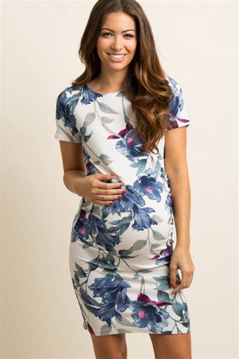 floral print short sleeve fitted maternity dress ruched sides rounded neckline fitted