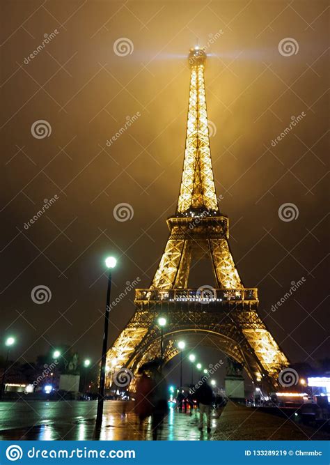 Eiffel Tower During Rain And Night Paris Editorial Stock Image