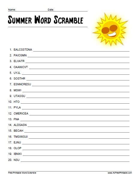 Summer Word Scramble Free Printable Summer Words Unscramble Words