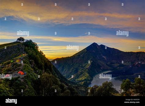 Sunrise Mount Rinjani Vulcano With Tents Lombok Indonesia Stock Photo