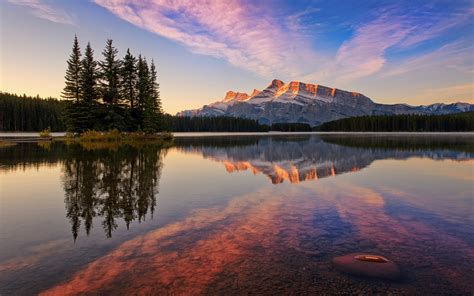Banff National Park Canada Jack Lake Forest Mountains Sky Sunset