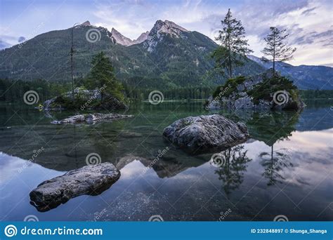 Hintersee Lake With Reflection Of Watzmann Mountain Peaks Ramsau