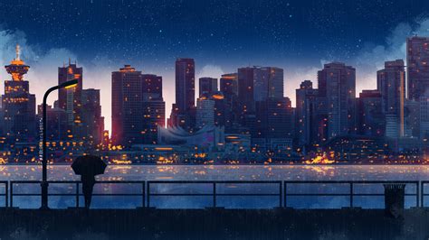 1920x1080 Anime City Lights Night Rain Umbrella Sky 5k