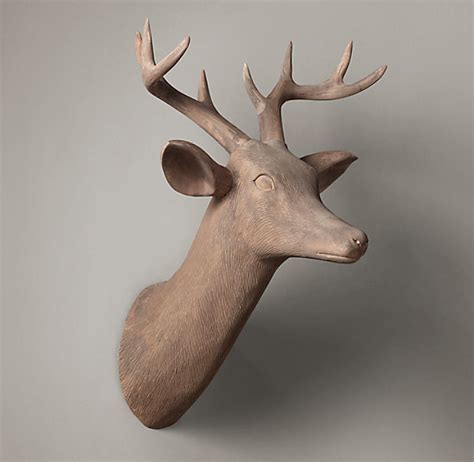 hand carved wood stag trophy head left facing