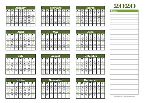 yearly calendar  blank notes  printable
