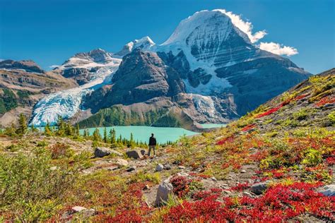 Hiker Admires View Of Mount Robson Canadian Rockies Canada Travel Off