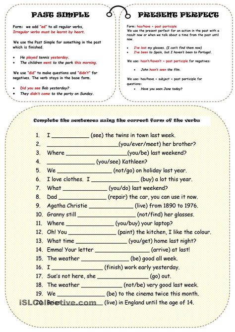 Present Perfect And Past Simple Exercises Printable Worksheets