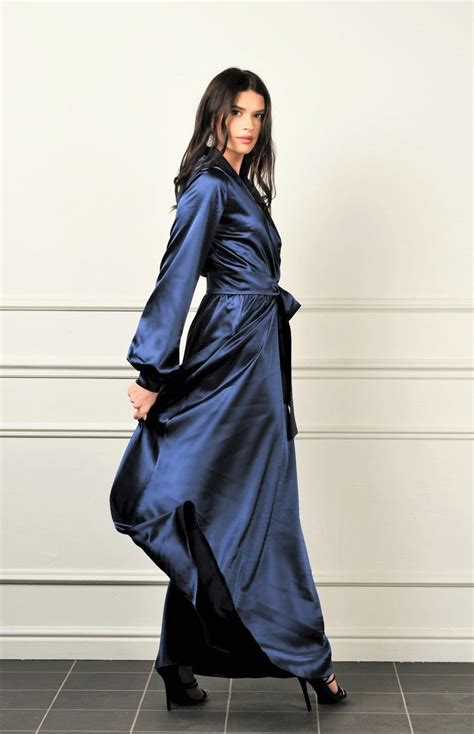navy blue satin maxi dress wrap neckline dress long cuff sleeves pockets sash satin prom