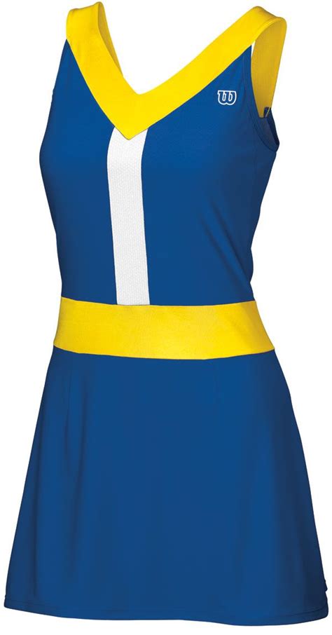 A Womens Blue And Yellow Tennis Dress With White Stripes On The Side