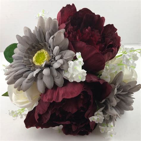 New Artificial Burgundy Gray And White Wedding Flowers Etsy