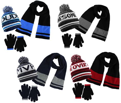 Boys 3 Piece Two Tone Hat Glove Scarf Set Assorted Colors Youth Size