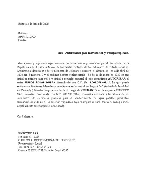 Carta Para Permiso De Movilidad Pdf Bogotá Gobierno