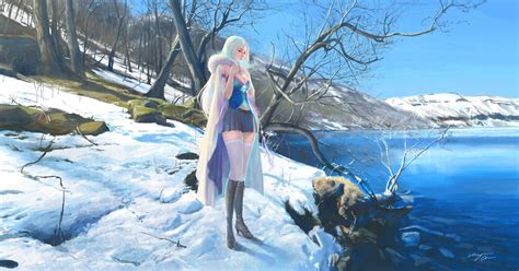 Wallpaper Landscape Long Hair Anime Girls Water Snow