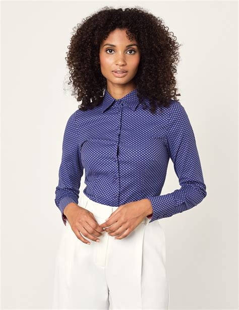 Women S Navy White Dobby Spot Floral Stretch Fitted Shirt Single