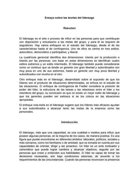 Ensayo sobre las teorías del liderazgo Ensayo sobre las teorías del