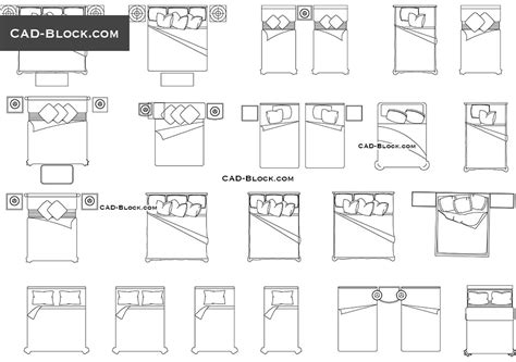 Bedroom in plan and elevation view. Beds in plan CAD blocks free download, Furniture, Nightstands, Bedroom