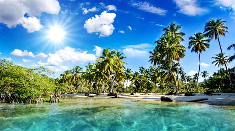 Download Wallpaper 3840x2160 Palm Trees Coast Beach Blue Sky Clouds Sun Rays Uhd 4k Background