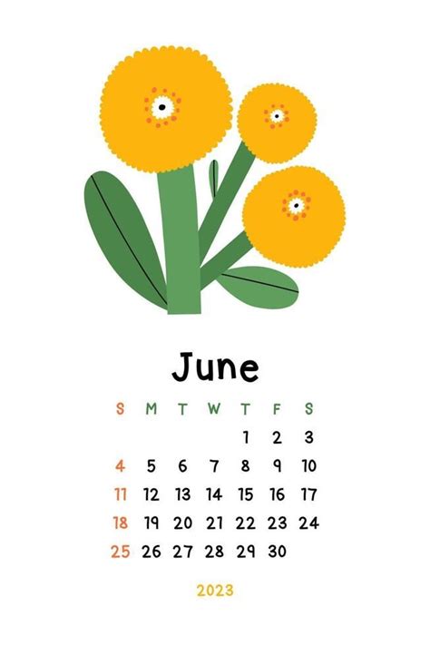 Beautiful Floral Calendar June 2023 Botanical Printable Vector