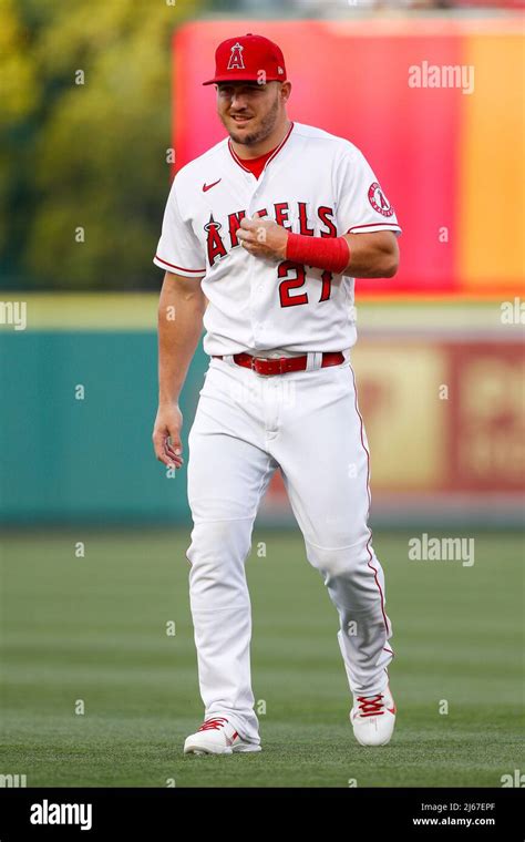 Los Angeles Angels Center Fielder Mike Trout 27 Warms Up Prior To An