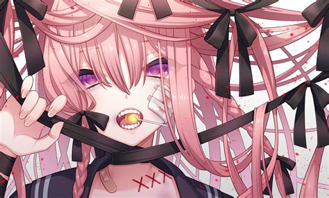 Download 2500x1511 Anime Girl Yandere Lollipop Pink Hair Bandaid