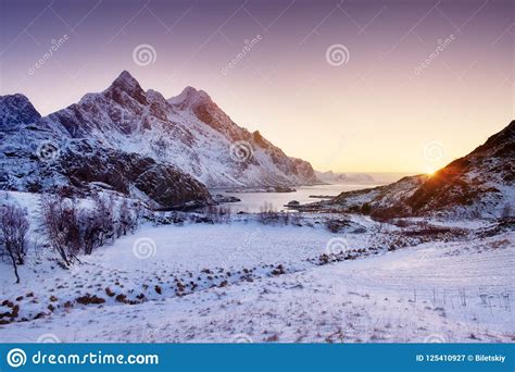 Mountain Peak And Sea Bay During Sunrise On The Lofoten Islands Stock