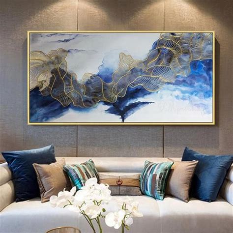 Blue and gold wall art for living room. Gold line framed abstract painting wall art canvas picture ...