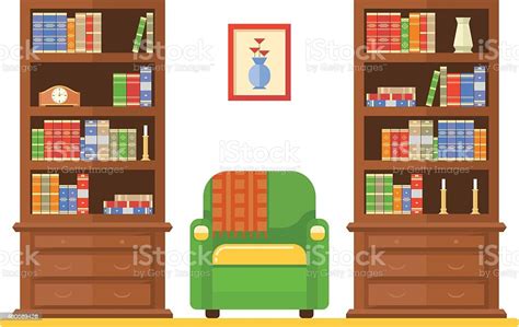 Room Interior With Two Bookcases And Armchair Stock Illustration