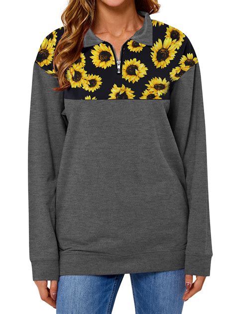 Zxzy Women Sunflower Print Zipper Lapel Long Sleeve Colorblock Pullover