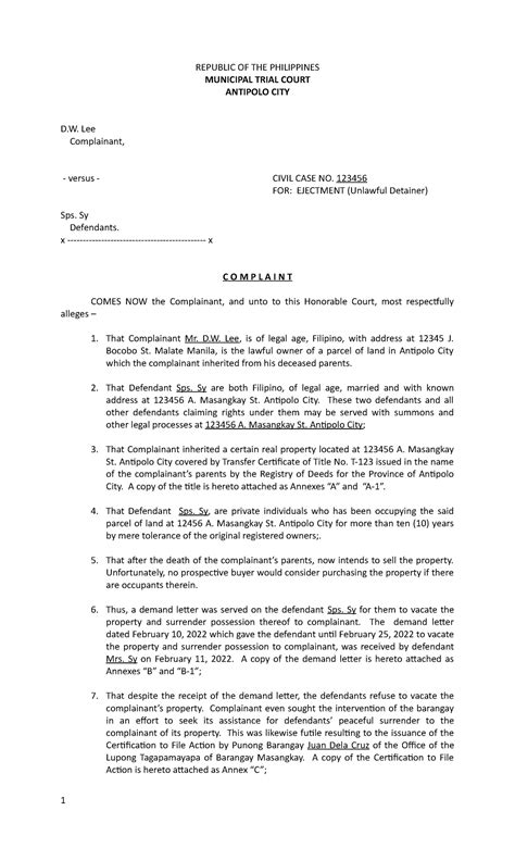 Complaint Ejectment Case Republic Of The Philippines Municipal Trial