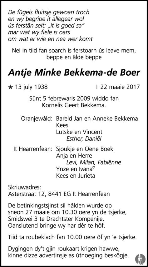 Antje Minke Bekkema De Boer 22 05 2017 Overlijdensbericht En