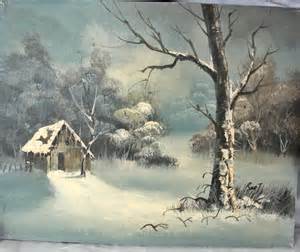 Vintage Landscape Painting Oilacrylic Cabin Winter Scene