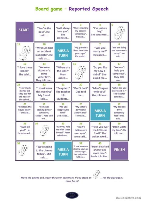 Reported Speech Board Game English Esl Worksheets Pdf And Doc