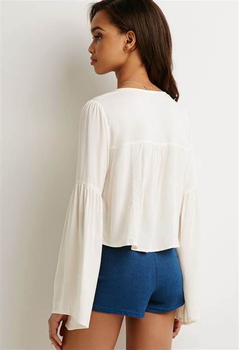 Forever 21 Embroidered Bell Sleeve Peasant Top In Natural Lyst
